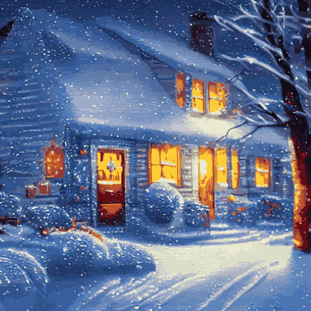 A house and an elegant spruce in the snow-capped mountains and forests, decorated with garlands on New Year's Eve. Vector illustration, perfect for postcards and New Year's greetings. house in the snow in forest.のイラスト素材