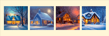 A house and an elegant spruce in the snow-capped mountains and forests, decorated with garlands on New Year's Eve. Vector illustration, perfect for postcards and New Year's greetings. house in the snow in forest.の写真素材
