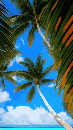 Palm tree on tropical beach with blue sky and white clouds abstract background.のイラスト素材