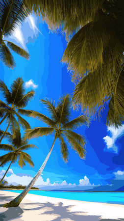 Palm tree on tropical beach with blue sky and white clouds abstract background.のイラスト素材