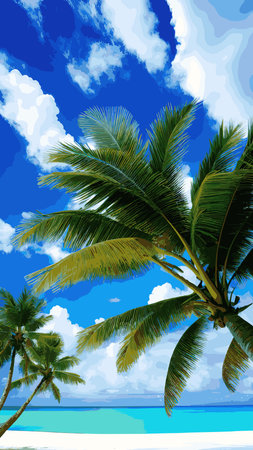 Palm tree on tropical beach with blue sky and white clouds abstract background.のイラスト素材