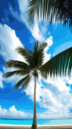Palm tree on tropical beach with blue sky and white clouds abstract background.のイラスト素材