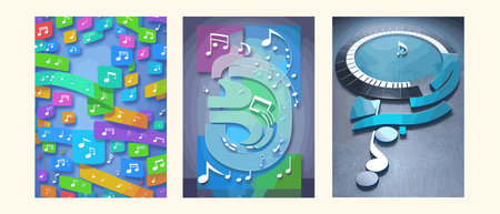 Musical notes on a multicolored background.3d. Vector image, musical texture.Treble clef and bass...