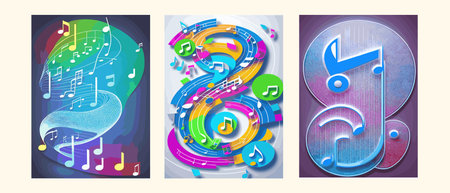 Musical notes on a multicolored background.3d. Vector image, musical texture.Treble clef and bass clef.の写真素材