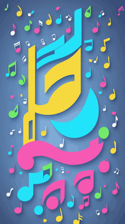 Musical notes on a multicolored background.3d. Vector image, musical texture.Treble clef and bass clef.のイラスト素材