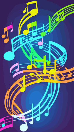 Musical notes on a multicolored background.3d. Vector image, musical texture.Treble clef and bass clef.のイラスト素材