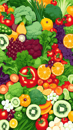 Vector illustration with fresh organic vegetables and fruitmizdorovoe nutrition. A set of vegetarian sliced, full of vegetables and fruits.のイラスト素材