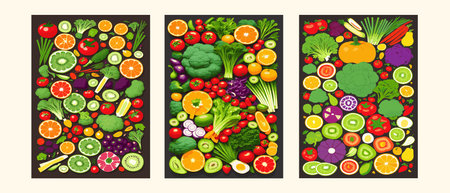 Vector illustration with fresh organic vegetables and fruitmizdorovoe nutrition. A set of vegetarian sliced, full of vegetables and fruits.の写真素材
