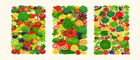 Vector illustration with fresh organic vegetables and fruitmizdorovoe nutrition. A set of vegetarian sliced, full of vegetables and fruits.の写真素材