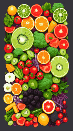 Vector illustration with fresh organic vegetables and fruitmizdorovoe nutrition. A set of vegetarian sliced, full of vegetables and fruits.のイラスト素材