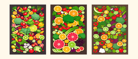 Vector illustration with fresh organic vegetables and fruitmizdorovoe nutrition. A set of vegetarian sliced, full of vegetables and fruits.の写真素材