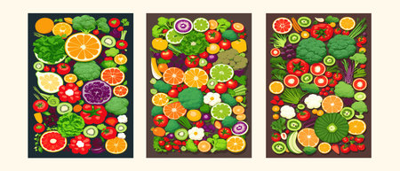 Vector illustration with fresh organic vegetables and fruitmizdorovoe nutrition. A set of vegetarian sliced, full of vegetables and fruits.の写真素材