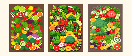 Vector illustration with fresh organic vegetables and fruitmizdorovoe nutrition. A set of vegetarian sliced, full of vegetables and fruits.の写真素材