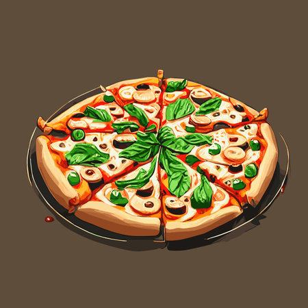 Fresh pizza with tomatoes, cheese, olives, sausage, onion, basil. Traditional Italian fast food. Food with a view from above. European appetiser. EPS10 vector illustration.のイラスト素材