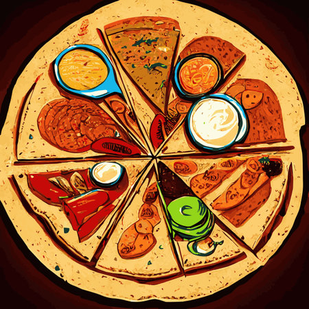 Fresh pizza with tomatoes, cheese, olives, sausage, onion, basil. Traditional Italian fast food. Food with a view from above. European appetiser. EPS10 vector illustration.のイラスト素材