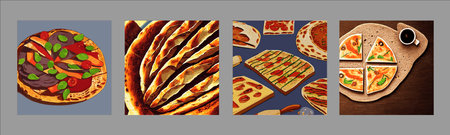 Fresh pizza with tomatoes, cheese, olives, sausage, onion, basil. Traditional Italian fast food. Food with a view from above. European appetiser. EPS10 vector illustration.の写真素材