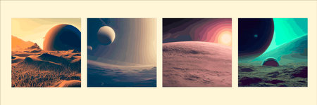 space and planet background. Planets surface with craters, stars and comets in dark space. vector illustration. Cosmic sky with a planet and satelliteの写真素材