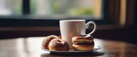 Breakfast view: a few rolls and a cup of coffee against the background of the cafe atmosphere. illustrations of coffee and buns on a wooden backgroundの素材