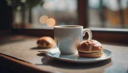 Breakfast view: a few rolls and a cup of coffee against the background of the cafe atmosphere. illustrations of coffee and buns on a wooden backgroundの素材