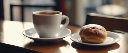 Breakfast view: a few rolls and a cup of coffee against the background of the cafe atmosphere. illustrations of coffee and buns on a wooden backgroundの素材