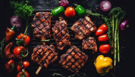 Grilled barbecue food. Realistic illustration of traditional cooking steaks, barbecue, kebab and barbecue. Grilled meat and vegetables and a skewer for parties.の素材