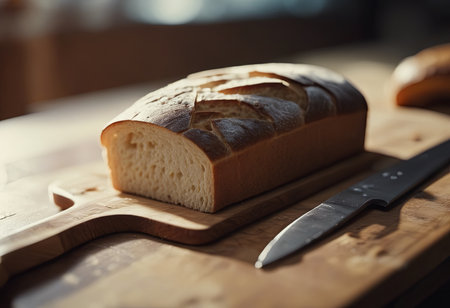 Yeast bread, whole grain rye bread. The starter is on the table. Homemade bread with natural sourdough is an organic bio-product. Handmade product, slices of bread on serving.Bread sliced on a cutting board.の素材