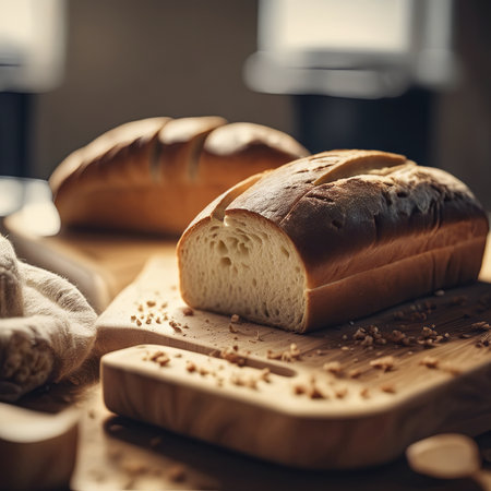 Yeast bread, whole grain rye bread. The starter is on the table. Homemade bread with natural sourdough is an organic bio-product. Handmade product, slices of bread on serving.Bread sliced on a cutting board.の素材