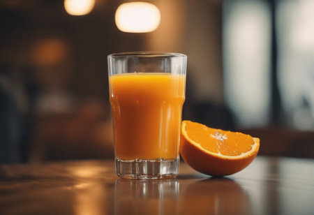 Bright whole fruits, oranges, halves, slices, Healthy food products, lemonade. Orange juice in a glass on the table.の素材