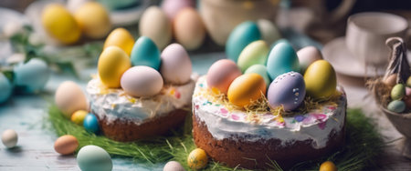 Easter cake with candied fruits and colored eggs. Traditional Easter baking. Easter holiday. Close-up.の素材