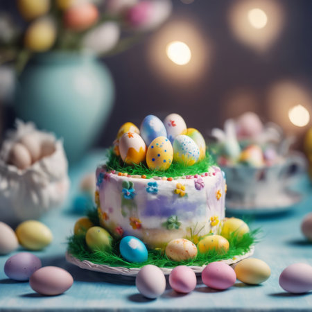 Easter cake with candied fruits and colored eggs. Traditional Easter baking. Easter holiday. Close-up.の素材