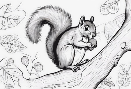 squirrel. Cute wild animal with acorn. Playful fluffy creature holding mushroom and climbing on tree trunk. Vector orange forest rodents set with furry tail jumping on branchesの写真素材