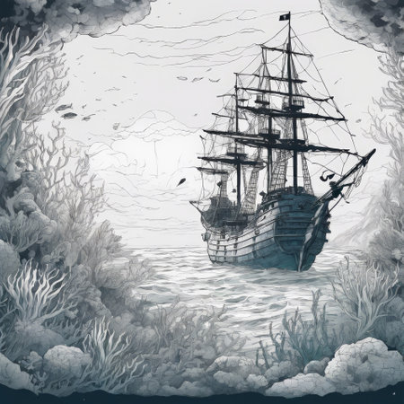 Ocean underwater landscape with sunken sailing ship, seaweed and reef. Deep sea world, seabed landscape vector background with undersea life. Seafloor aquatic scene with pirate caravel silhouetteの写真素材