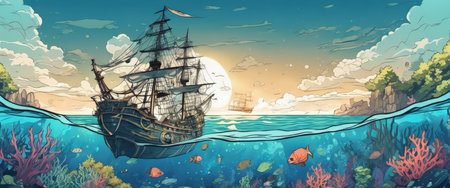 Ocean underwater landscape with sunken sailing ship, seaweed and reef. Deep sea world, seabed landscape vector background with undersea life. Seafloor aquatic scene with pirate caravel silhouetteの写真素材