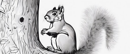 squirrel. Cute wild animal with acorn. Playful fluffy creature holding mushroom and climbing on tree trunk. Vector orange forest rodents set with furry tail jumping on branchesの写真素材