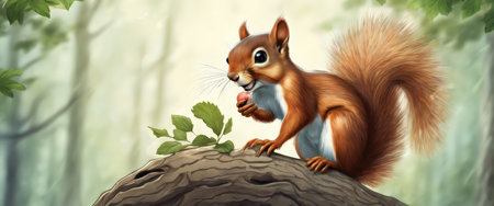 squirrel. Cute wild animal with acorn. Playful fluffy creature holding mushroom and climbing on tree trunk. Vector orange forest rodents set with furry tail jumping on branchesの写真素材