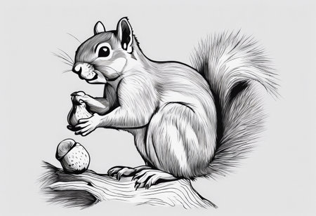 squirrel. Cute wild animal with acorn. Playful fluffy creature holding acorn and climbing on tree trunk. Vector forest rodents set with furry tail jumping on branchesの写真素材