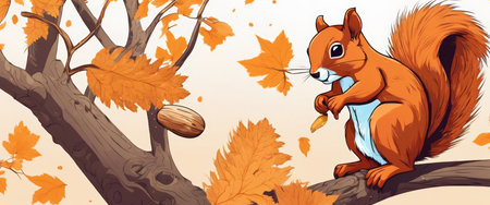 squirrel. Cute wild animal with acorn. Playful fluffy creature holding mushroom and climbing on tree trunk. Vector orange forest rodents set with furry tail jumping on branchesの写真素材