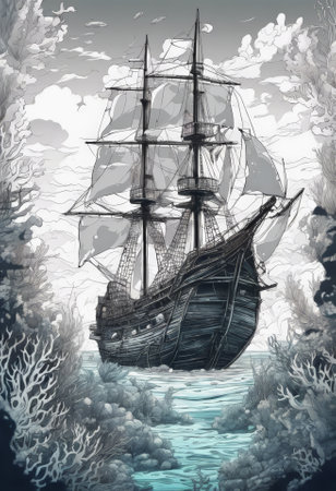 Ocean underwater landscape with sunken sailing ship, seaweed and reef. Deep sea world, seabed landscape vector background with undersea life. Seafloor aquatic scene with pirate caravel silhouetteの写真素材