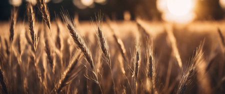 Rye field. Ears of golden rye in close-up. Beautiful rural landscape under bright sunlight and blue sky. Against the background of ripening ears of meadow rye field.の素材