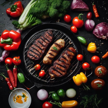 Grilled barbecue food. Realistic illustration of traditional cooking steaks, barbecue, kebab and barbecue. Grilled meat and vegetables and a skewer for parties.の素材