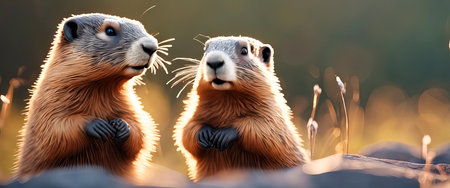 An illustration of a cute groundhog in the bokeh style and a surprise with a bright sun.Portrait of standing alpine marmot (Groundhog - Marmota marmota) against blurred forest background.portrait of a marmot sitting behind a tuft of grass.の素材