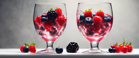 A splash of berries in a glass. Selective focus.Berry explosion. Sweet wild berries in 3d visualization. Raspberries, blueberries, blackberries. Creative advertising of berries.の素材