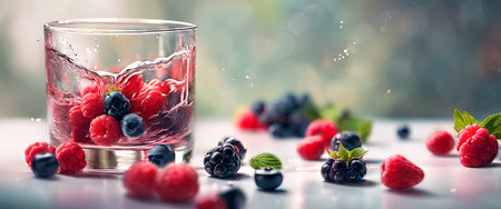 A splash of berries in a glass. Selective focus.Berry explosion. Sweet wild berries in 3d visualization. Raspberries, blueberries, blackberries. Creative advertising of berries.の素材