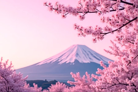 Bright morning landscape with pink sky. Branches of blooming white cherry trees on the background of Mount Fuji. Traditional Japanese festival Hanami Cherry blossom in early spring. Flat illustration.created with the help of artificial intelligence.の素材