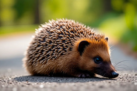 Hedgehog, wild, local, European hedgehog. Scientific name: Erinaceus europaeus. The hedgehog is sitting on the road and basking in the sun.created with the help of artificial intelligence.の素材