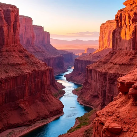 Canyon with river on bottom, national park. Red sandstone mountains, horizon with sand rocks and sky, nature landscape background, created with the help of artificial intelligence.の素材
