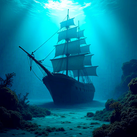 Ocean underwater landscape with sunken sailing ship, seaweed and reef. Deep sea world, seabed landscape vector background with undersea life. Seafloor aquatic scene with pirate caravel silhouette.created with the help of artificial intelligence.の素材