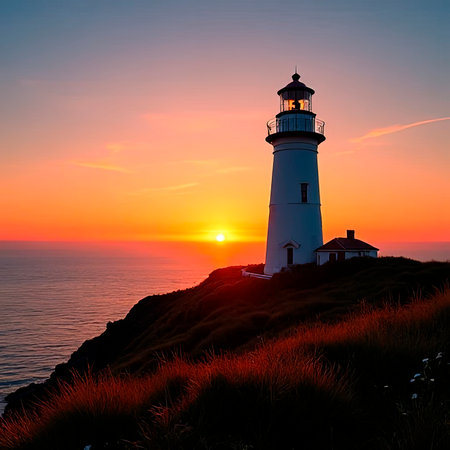 A beautiful lighthouse overlooking the ocean.A beautiful sunset forms as the sun set below the horizon of the ocean with a lighthouse overlooking the grassy headlands of the coastline.created with the help of artificial intelligence.の素材