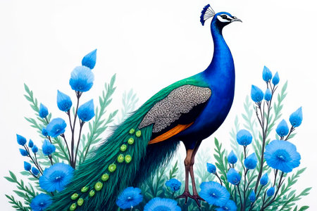 Original oil painting on canvas. Beautiful multicolored peacock. Modern art.illustration for greeting cards, a large bird and a peacock in blue flowers.watercolor hand-painted.created with the help of artificial intelligence.の素材