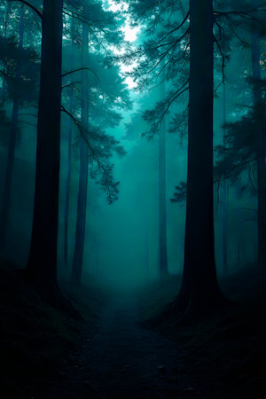 Mysterious dark forest. dark and moody forest road.Mystery foggy forest landscape after rain. Gloomy realistic horizontal illustration of road through trees.An atmospheric concept of a lonely road running through a forest on a creepy day.created with the help of artificial intelligence.の素材